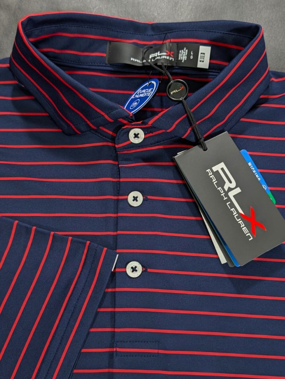 $110 Ralph Lauren RLX Men’s Golf Polo Shirt Large Size L Navy Red Stripe